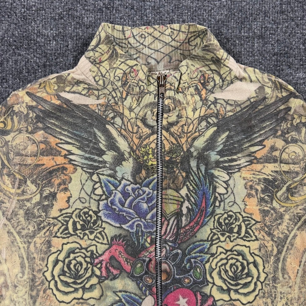 Carrie Amber Zip Top Womens Size L Tan Tattoo Graphic Wings Roses USA Made